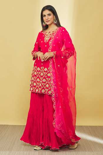 Buy_Surbhi Shah_Red Chanderi, Organza Embroidery, Sequins Keyhole Kurta Crinkled Sharara Set _at_Aza_Fashions