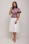 Buy_Escape By Aishwarya_Purple Cotton Satin Collared Colorblock Gathered Dress _at_Aza_Fashions