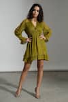 Buy Amrta By Guneet Kondal Green Viscose, Georgette Ruffles V-neck Victorian Sleeve Mini Dress at Aza Fashions Buy_Amrta By Guneet Kondal_Green Viscose, Georgette Ruffles V-neck Victorian Sleeve Mini Dress _at_Aza_Fashions