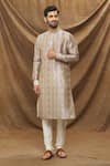 Buy_Samyukta Singhania_Grey Chanderi Silk Leaf Print Kurta Set _at_Aza_Fashions