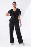 Buy_Ashico_Black Lycra Solid V Neck Ruffle Sleeved Top And Pant Set _at_Aza_Fashions