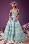 Buy_Mala and Kinnary_Blue Net Embellishment Sequin Sweetheart Neck Ombre Tiered Lehenga And Corset Set _at_Aza_Fashions