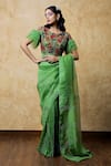 Buy_Shilpi Gupta_Green Organza Beads, Embroidery Boat Neck Saree With Abstract Blouse _at_Aza_Fashions