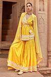 Buy_PREEVIN_Yellow Peplum Top Cotton Mulmul Embroidery Border Angrakha Set  _at_Aza_Fashions