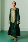 Buy_PRAHNAAYA_Green Satin Embroidery Sequin Keyhole Placket Straight Kurta And Pant Set _at_Aza_Fashions