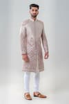 Buy_Amrit Dawani_Pink Raw Silk Embellished Floral Geometric Straight Sherwani Set _at_Aza_Fashions