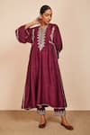 Buy_Sue Mue_Wine Tussar Georgette Embroidery Aari Work Round Rishima Kaftan And Pant Set _at_Aza_Fashions