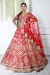 Buy_Pallavi Poddar_Red Silk, Tulle Embroidery Sweetheart Neck Flower Forest Bridal Lehenga Set _at_Aza_Fashions