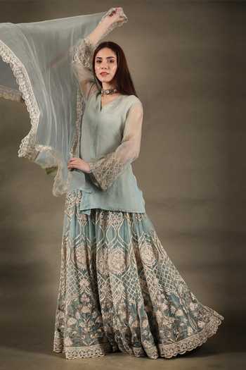 Buy_Omana By Ranjana Bothra_Blue Organza, Net, Crepe Tassels V-neck Floral Embroidered Sharara Set _at_Aza_Fashions