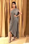 Buy_Rohit Gandhi + Rahul Khanna_Grey Georgette Embellished Sequins One Shoulder Work Draped Saree Gown _at_Aza_Fashions