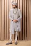 Buy_Ankit V Kapoor_Grey Cotton Embroidery Thread Shah Sherwani Set With Stole For Men_at_Aza_Fashions