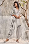 Buy_Charkhee_Grey Kurta Chanderi Embellished Crochet Lace Work Side Wrap Jacket And Salwar Set _at_Aza_Fashions