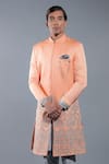 Buy_More Mischief_Orange Silk Linen Embroidered Applique Sherwani  _at_Aza_Fashions