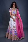 Buy_Priti Sahni_Ivory Organza Handpainted Sequin V Neck Hand Floral Bridal Lehenga _at_Aza_Fashions