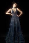 Buy_Rohit Gandhi + Rahul Khanna_Blue Tulle Embellishment Sequin And Crystal Beads V Neck Relic Fit & Flare Gown _at_Aza_Fashions