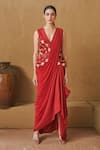 Buy_Studio Radical_Red Jacket And Skirt 100% Pure Silk Embellished & Saree Set _at_Aza_Fashions