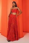 Buy_July Issue_Red Schiffli Lace Floral Cut Work Pattern Straight Gia Bralette And Skirt Set _at_Aza_Fashions