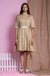 Buy_Escape By Aishwarya_Gold Cotton Satin High Stand Collar Three Tier Drama Dress With Belt _at_Aza_Fashions