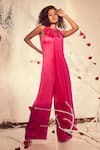 Buy_Babita Malkani_Pink Silk Satin Embroidered 3d Halter Neck Jumpsuit _at_Aza_Fashions