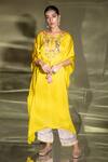 Buy_Miku Kumar_Yellow Satin Organza Embroidered Thread V Neck Yoke Kaftan And Palazzo Set _at_Aza_Fashions
