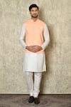 Buy_Aryavir Malhotra_Peach Silk Blend Embroidered Chikankari Geometric Work Bundi And Kurta Set _at_Aza_Fashions