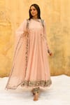 Buy_Label Niti Bothra_Pink Pure And Handwoven Banarasi Silk Embroidery Gathered Angarkha Anarkali Set_at_Aza_Fashions