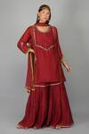Buy_Devyani Mehrotra_Red Chanderi 40grm Embroidered Sequins U Neck Flower Garnet Kurta Gharara Set_at_Aza_Fashions