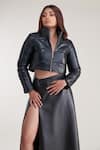 Buy_Pooja Bagaria_Black Taffeta Print High Neck Metallic Cropped Jacket _at_Aza_Fashions