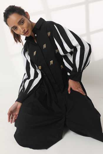Buy_Studio Moda India_Black Cotton Chains Pleated Sleeve Flow Dress _at_Aza_Fashions