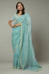 Buy_I am Design_Blue Silk Organza Hand Embroidered Floral Pattern Peppermint Candy Saree_at_Aza_Fashions