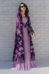 Buy_Talking Threads_Purple Crepe, Chiffon, Satin Embroidery Open Neck, Gara Jacket With Tiered Gown_at_Aza_Fashions