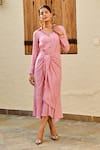 Buy_Palak & Mehak_Pink Rayon Crepe Lurex Woven Stripe Spread Collar Lily Dress _at_Aza_Fashions