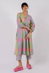 Buy_Tussah By Siddhi Shah_Multi Color Cotton Checkered V Neck Box Pleat Kurta With Pant  _at_Aza_Fashions