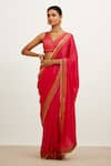 Buy_Devnaagri_Fuchsia Satin And Gajji Embroidered Zari V Neck Border Saree With Blouse _at_Aza_Fashions