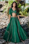 Buy_Redpine Designs_Green Chanderi, Net Cut Work, Sequins, Embroidery Emerald Hand Lehenga Set _at_Aza_Fashions