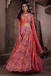 Buy_AFFROZ_Coral Viscose Crepe Printed V Neck Flared Lehenga Set _at_Aza_Fashions