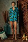 Buy Esha L Amin Blue Modal, Satin Abstract Flower Print High Waist Shorts at Aza Fashions Buy_Esha L Amin_Blue Modal, Satin Abstract Flower Print High Waist Shorts _at_Aza_Fashions