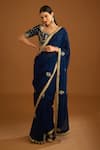 Buy_Shyam Narayan Prasad_Blue Dupion Silk Embroidered Zardozi Leaf Neck Work Saree With Blouse _at_Aza_Fashions