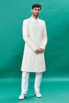 Buy_RNG Safawala_Off White Raw Silk Embroidery Thread Sherwani Set _at_Aza_Fashions