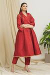 Buy_Surendri_Red Raw Silk Embellished Sequins Lapel Collar Long Jacket Pant Set _at_Aza_Fashions