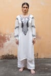 Buy_Avaasya Jaipur_Ivory Cotton, Silk Embroidery Split V-neck Kurta And Pant Set _at_Aza_Fashions