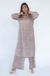 Buy_Nikita Vishakha_Grey Silk Printed Floral V Neck Kurta And Palazzo Set _at_Aza_Fashions