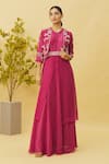 Buy_Samyukta Singhania_Magenta Kurta Opara Silk Embroidered Cutdana Jacket Open Floral Skirt Set _at_Aza_Fashions