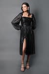 Buy_Swatee Singh_Black Satin Gold Foil Stripe Square Neck Pattern Balloon Sleeve Dress _at_Aza_Fashions