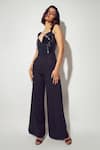Buy Sameer Madan Black Jersey, Faux Leather Sweetheart Neck The Willow Jumpsuit at Aza Fashions Buy_Sameer Madan_Black Jersey, Faux Leather Sweetheart Neck The Willow Jumpsuit _at_Aza_Fashions