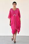 Buy_K-Anshika_Pink Georgette Beads, Sequins Round Neck Gathered Draped Midi Dress _at_Aza_Fashions