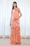 Buy_Mandira Wirk Resort_Orange Georgette, Lurex Halter Neck Multi Color Tiered Willow Print Dress _at_Aza_Fashions