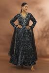 Buy_Samyukta Singhania_Black Embroidery V-neck Chevron And Floral Print Anarkali _at_Aza_Fashions