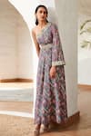 Buy_Basanti - Kapde Aur Koffee_Grey Georgette Print Floral Bloom Asymmetric Neck Jumpsuit _at_Aza_Fashions