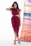 Buy_AMRTA by GUNEET KONDAL_Maroon Shell 100% Viscose Chinon Embroidered Ruched Cutout Asymmetrical Dress _at_Aza_Fashions